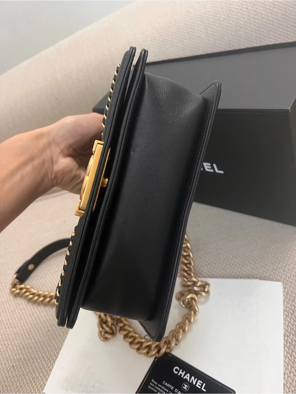 CHANEL Black Quilted Leather Shoulder Boy Bag with Gold Hardware